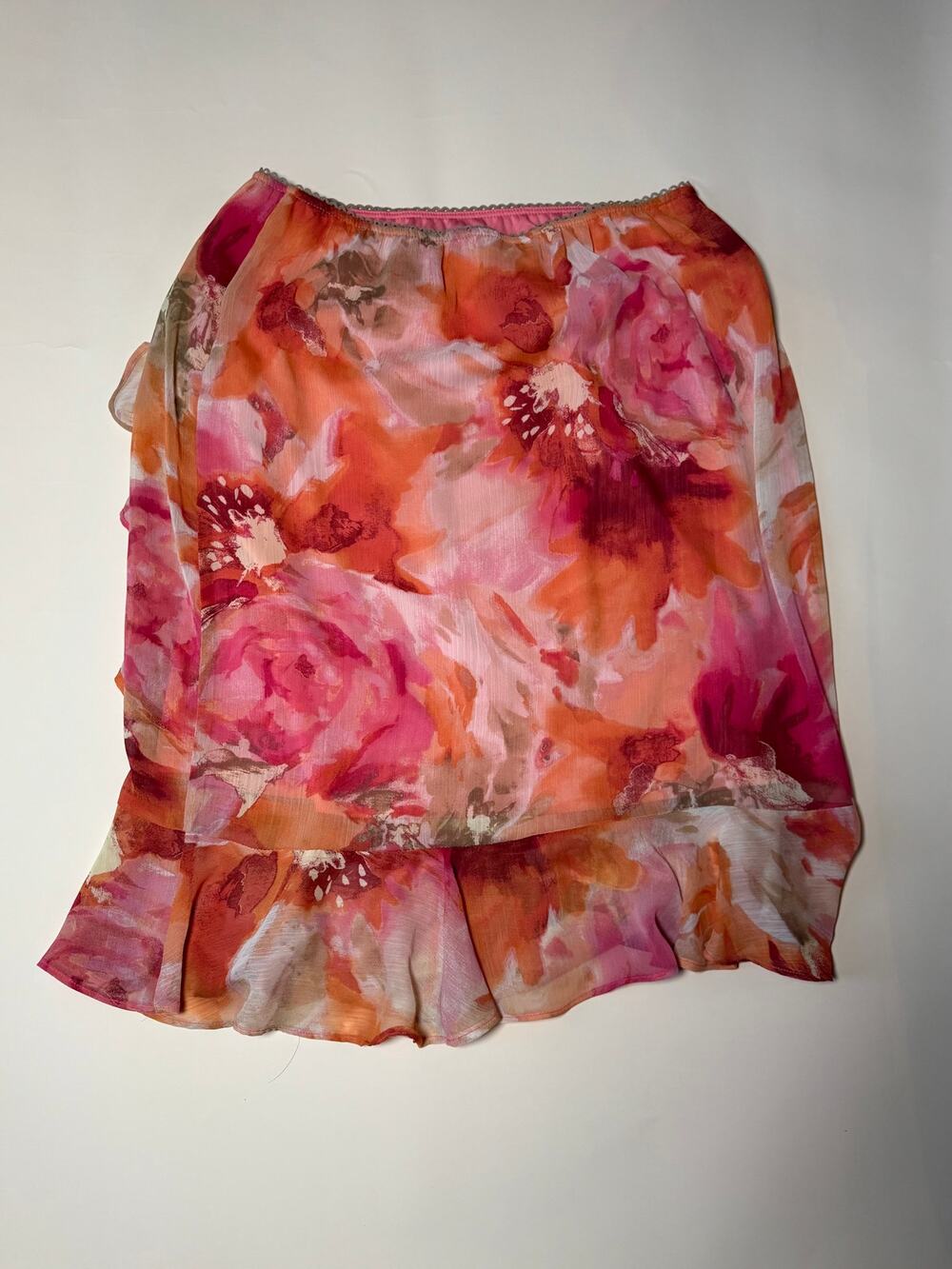 Covington Pink Orange Floral Tiered Mini Skirt Elastic Waist